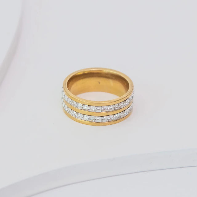 Anel Duplo Pedras Cubicas - Ouro 18K