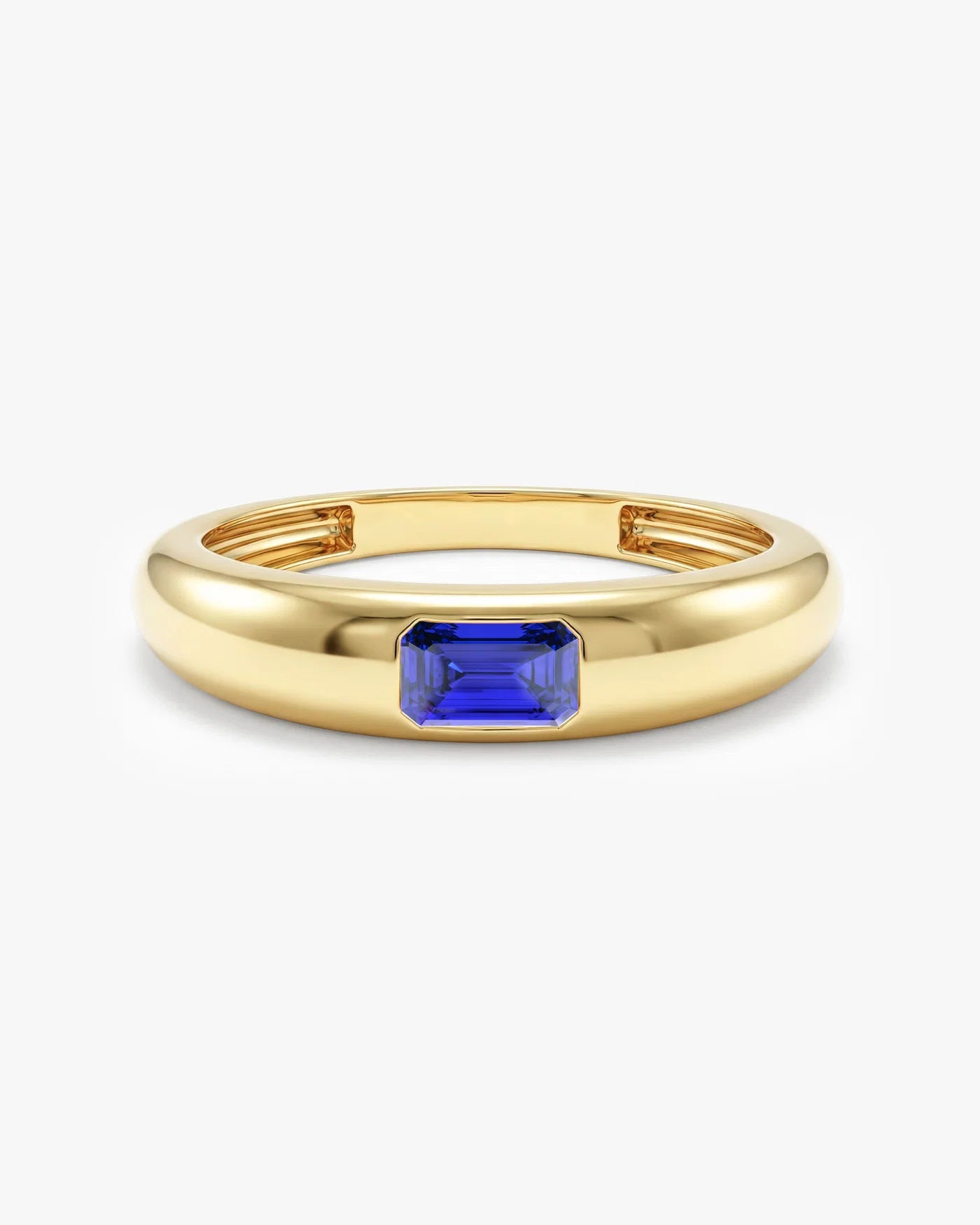 Anel Retangular Cravejado Pedra do Mês com Safira Azul em ouro 18K